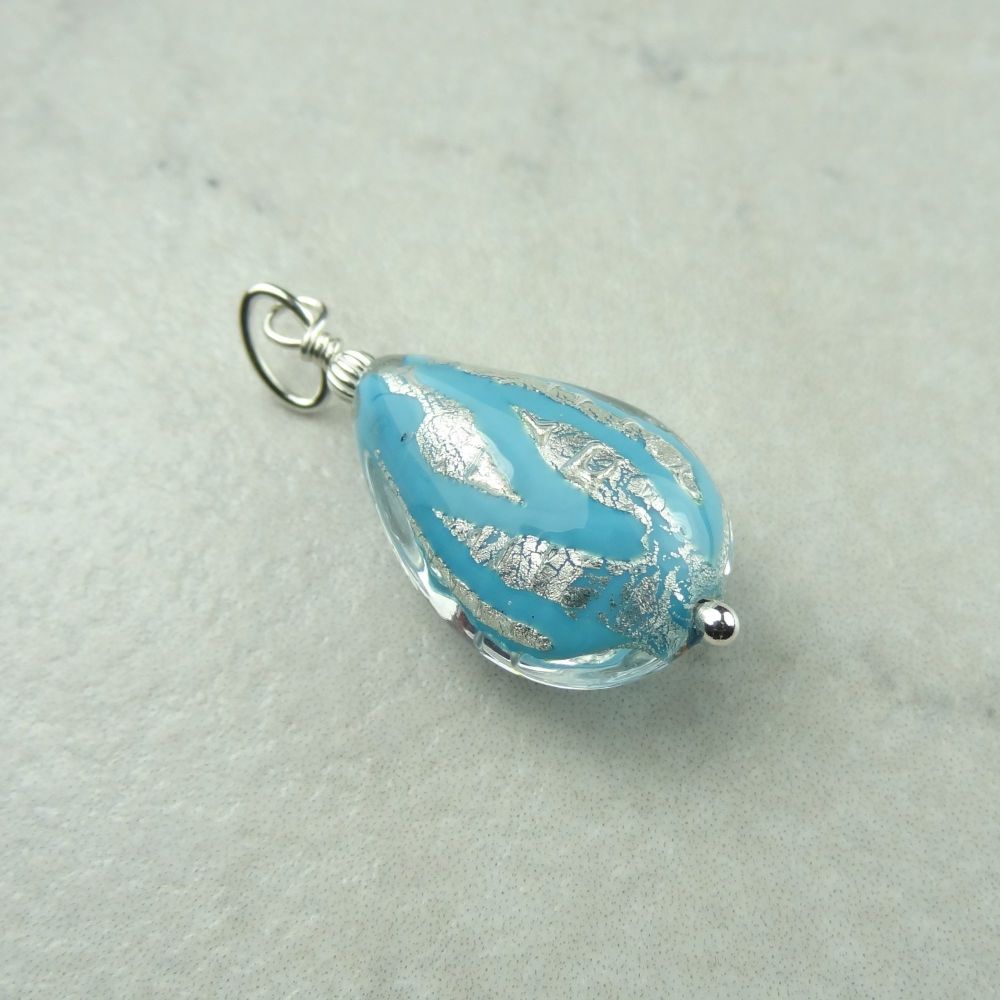 20x14x8mm (+/-) genuine Murano glass pear drop & sterling silver pendant, with/out a chain, in a gift box - White Gold Foil Turquoise Blue Drizzle