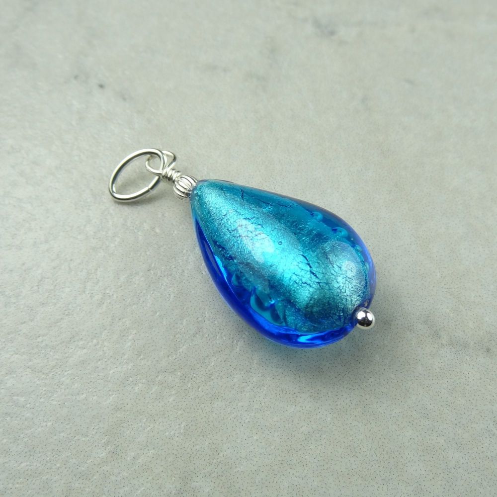 Dark Aquamarine White Gold Foiled Murano glass pendant