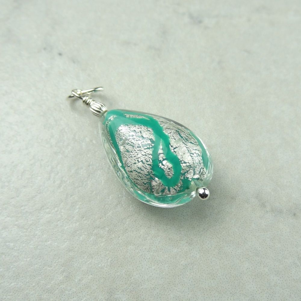 20x14x8mm (+/-) genuine Murano glass pear drop & sterling silver pendant, with/out a chain, in a gift box - White Gold Foil Turquoise Green