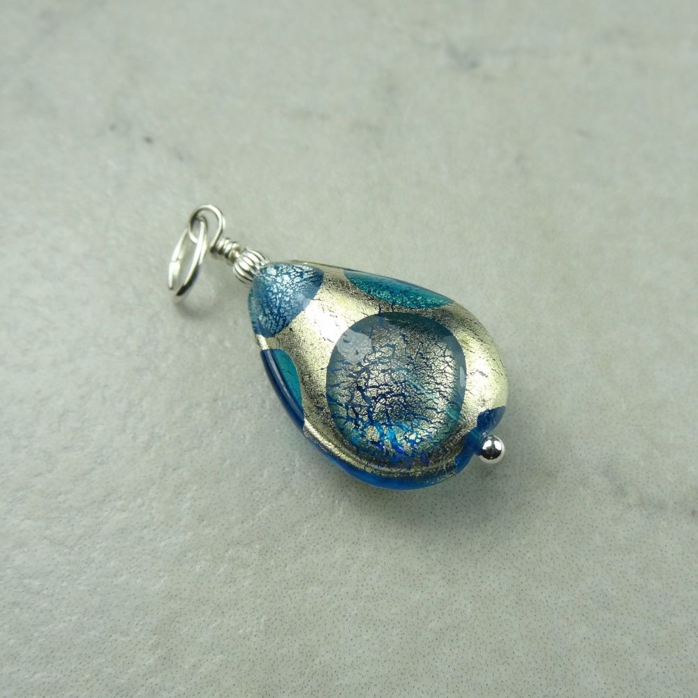 Genuine Murano glass pear drop sterling silver pendant, with/out a chain, gift box - White Gold Foil Extravagant Sapphire Aquamarine Black Diamond