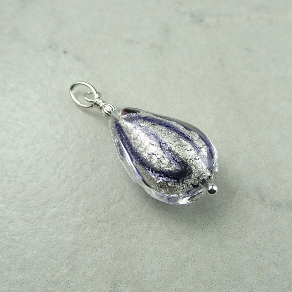 White Gold Foil  Purple Velvet Drizzle Murano glass pear drop pendant