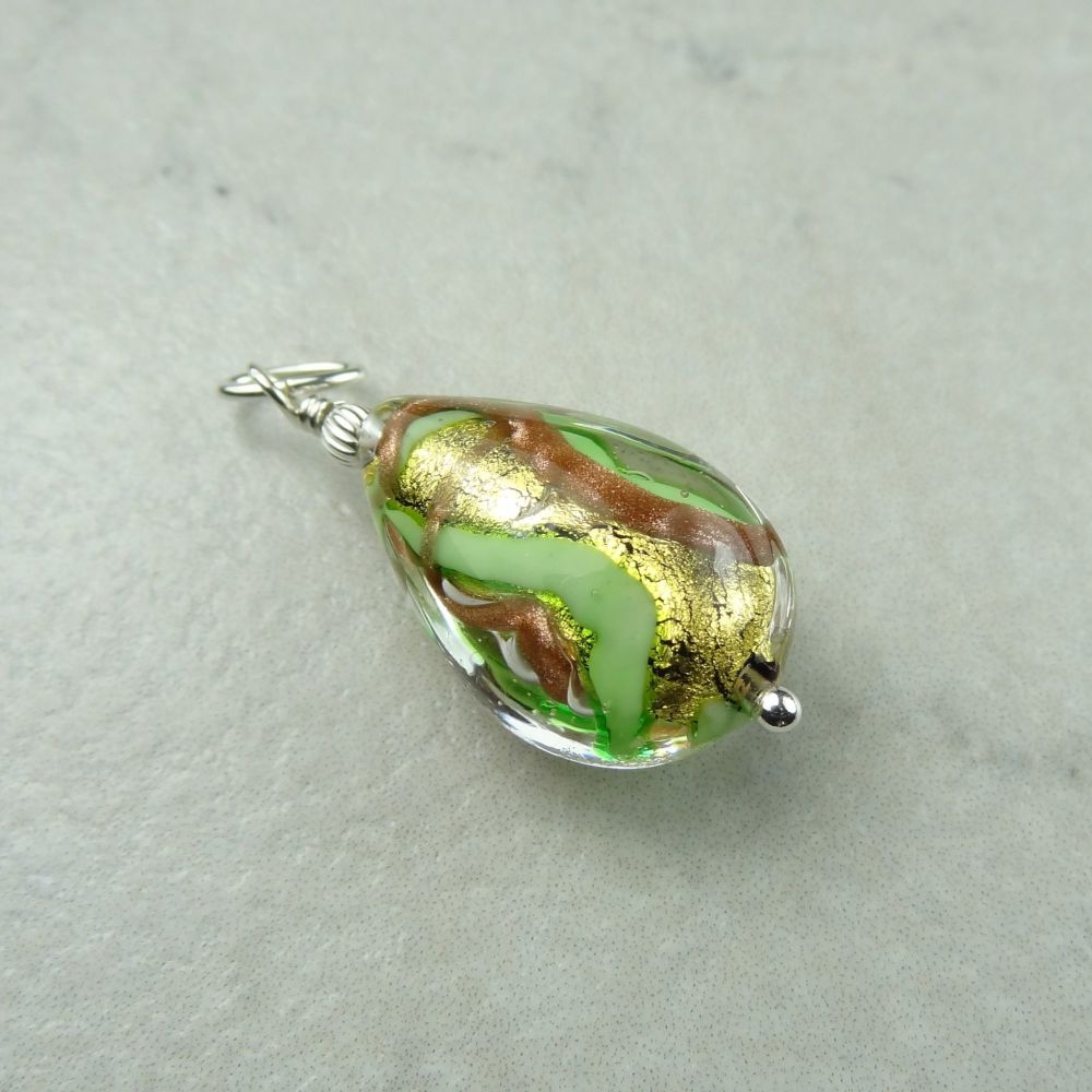 20x14x8mm (+/-) genuine Murano glass pear drop & sterling silver pendant, with/out a chain, in a gift box - Gold Foil Green Gold Aventurine