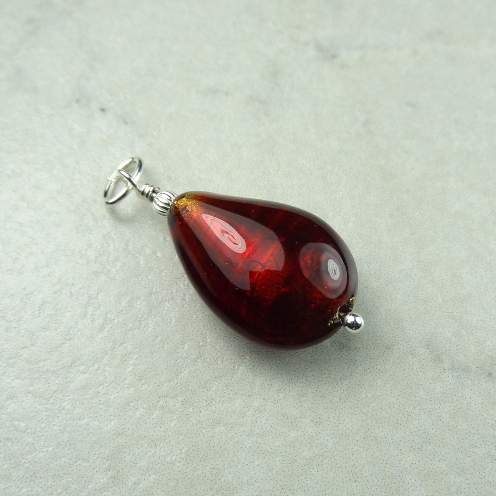 20x14x8mm (+/-) genuine Murano glass pear drop & sterling silver pendant, with/out a chain, in a gift box - Dark Ruby Gold Foiled