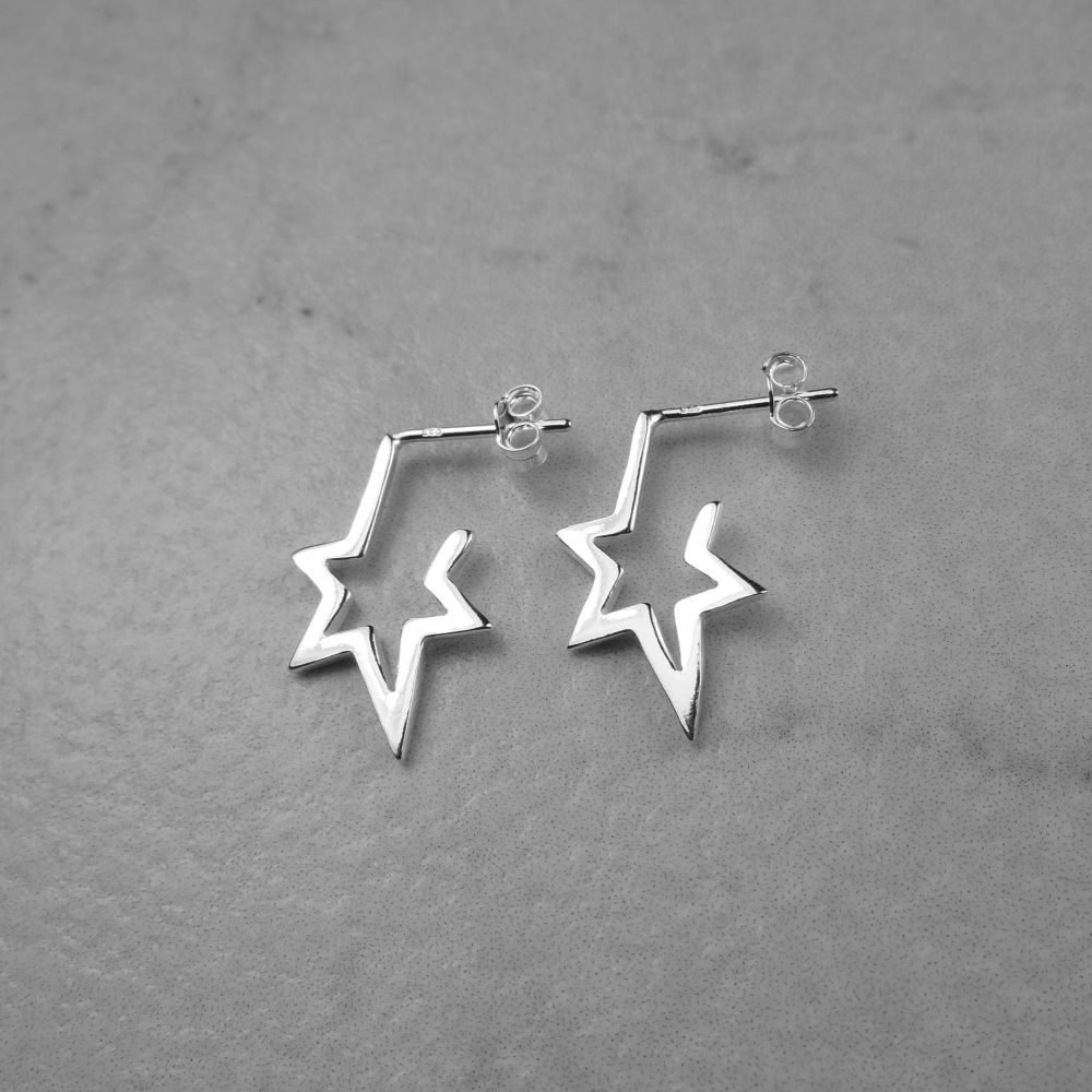 Sterling silver 20x13mm half hoop celestial star earrings, post & scroll