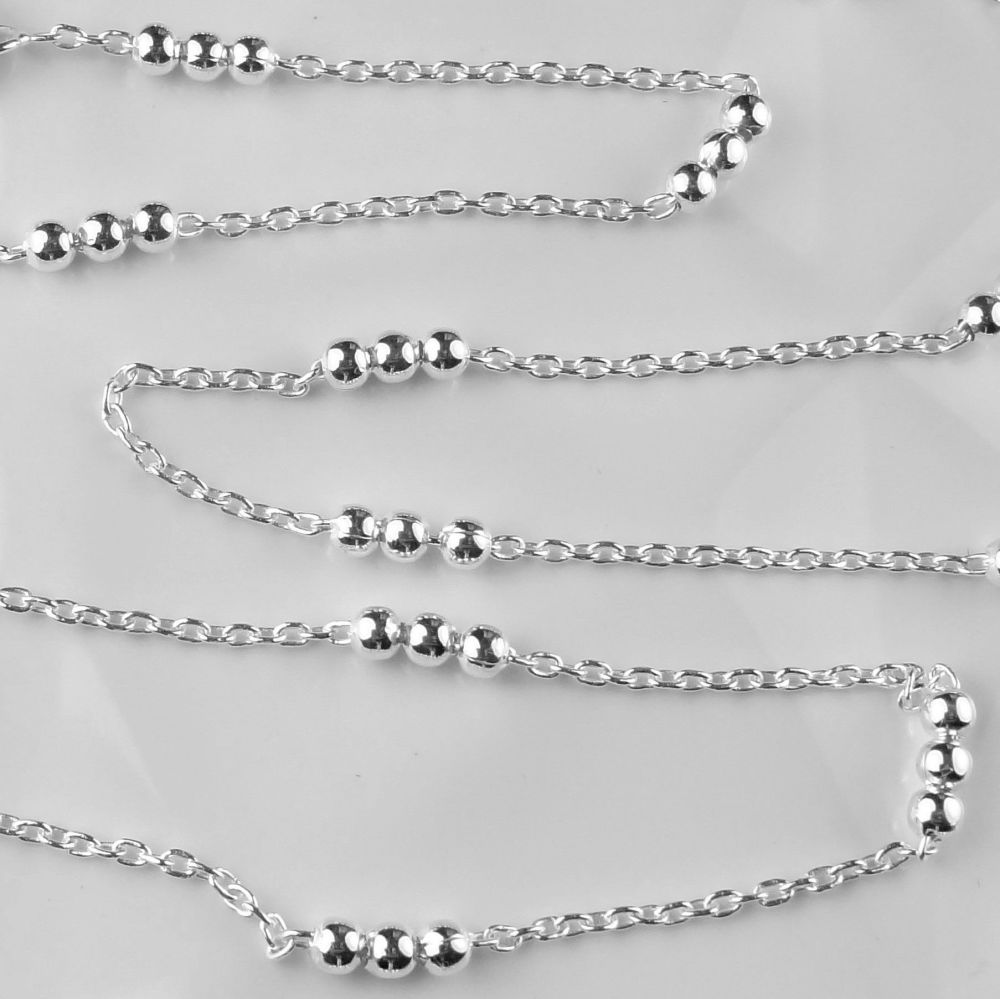 Sterling silver 3-bead satellite chain with bolt ring - 16 inches - in a gift box, with a Town Talk Silver Polishing Cloth