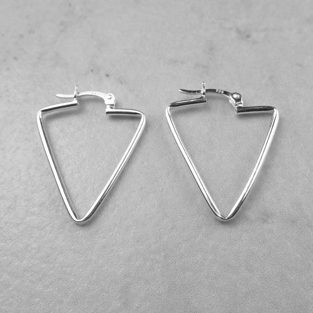 Sterling silver 26mm hinged triangle hoop earrings, in a gift box