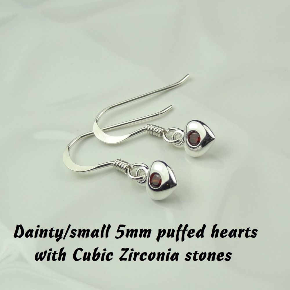 Dainty/small 5mm sterling silver puffed heart & Cubic Zirconia earrings, in a gift box - January birthday/representation Garnet birthstone