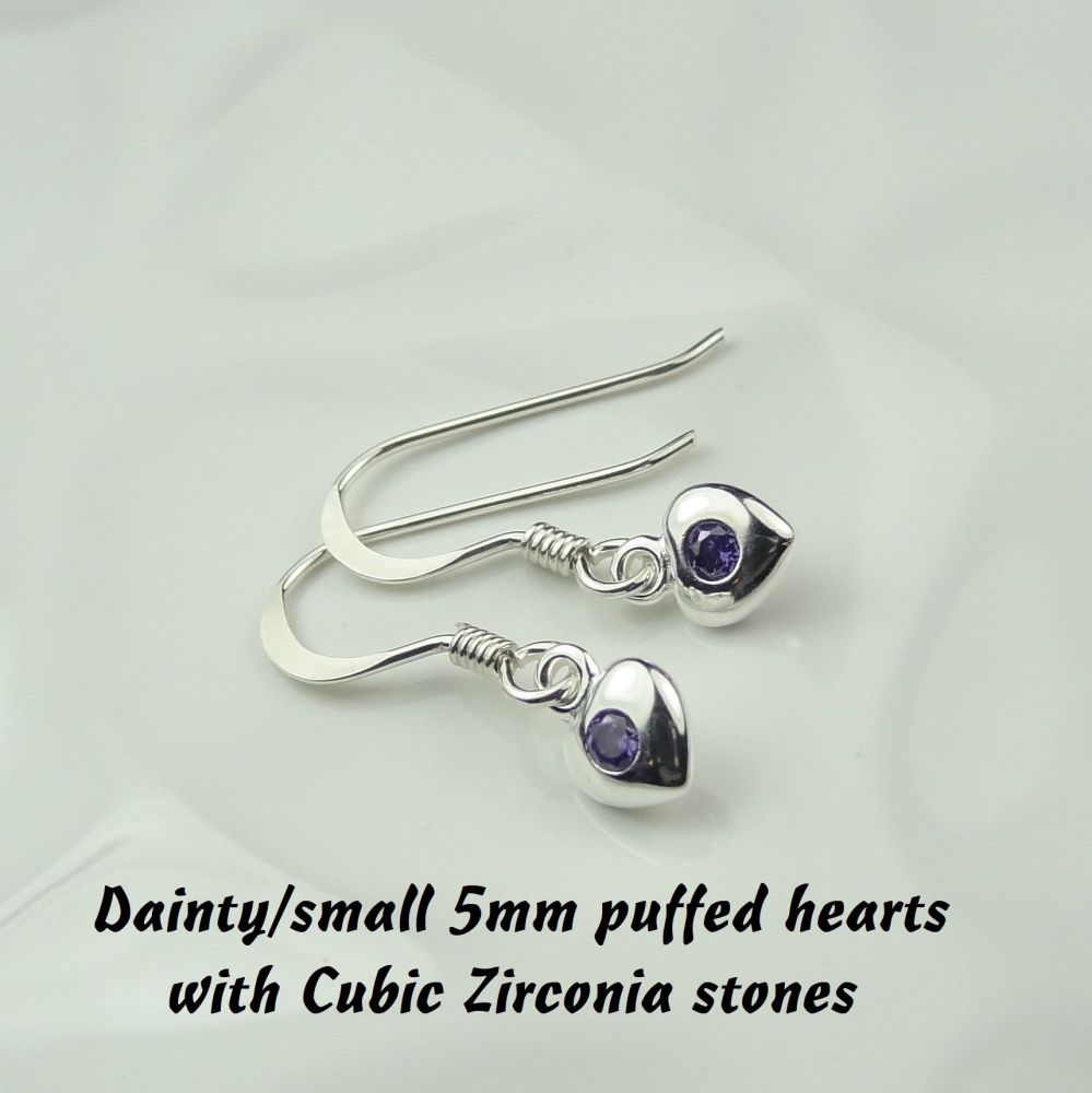 Dainty/small 5mm sterling silver puffed heart & Cubic Zirconia earrings, in a gift box - February birthday/representation Amethyst birthstone