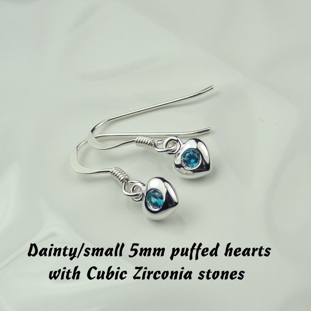 Dainty/small 5mm sterling silver puffed heart & Cubic Zirconia earrings, in a gift box - March birthday/representation Aquamarine birthstone