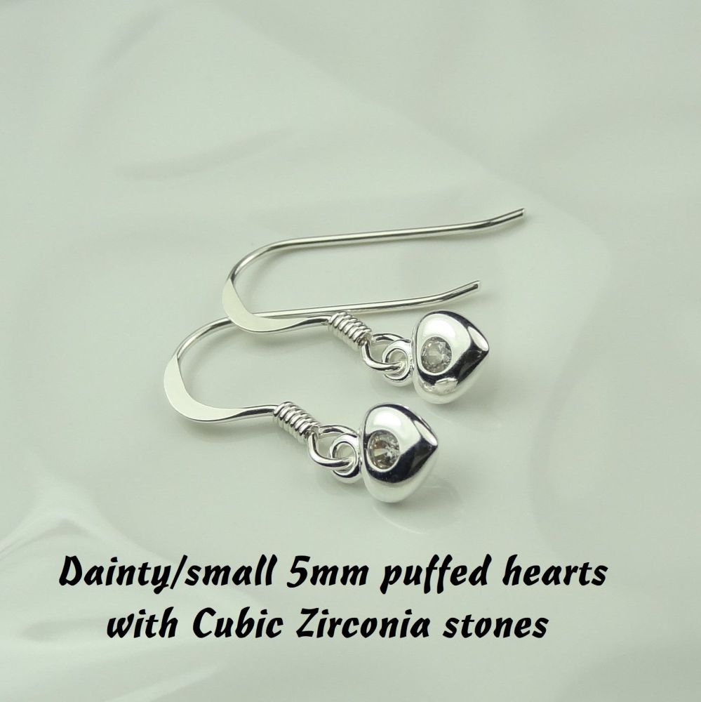 Dainty/small 5mm sterling silver puffed heart & Cubic Zirconia earrings, in a gift box - April birthday/representation Diamond birthstone