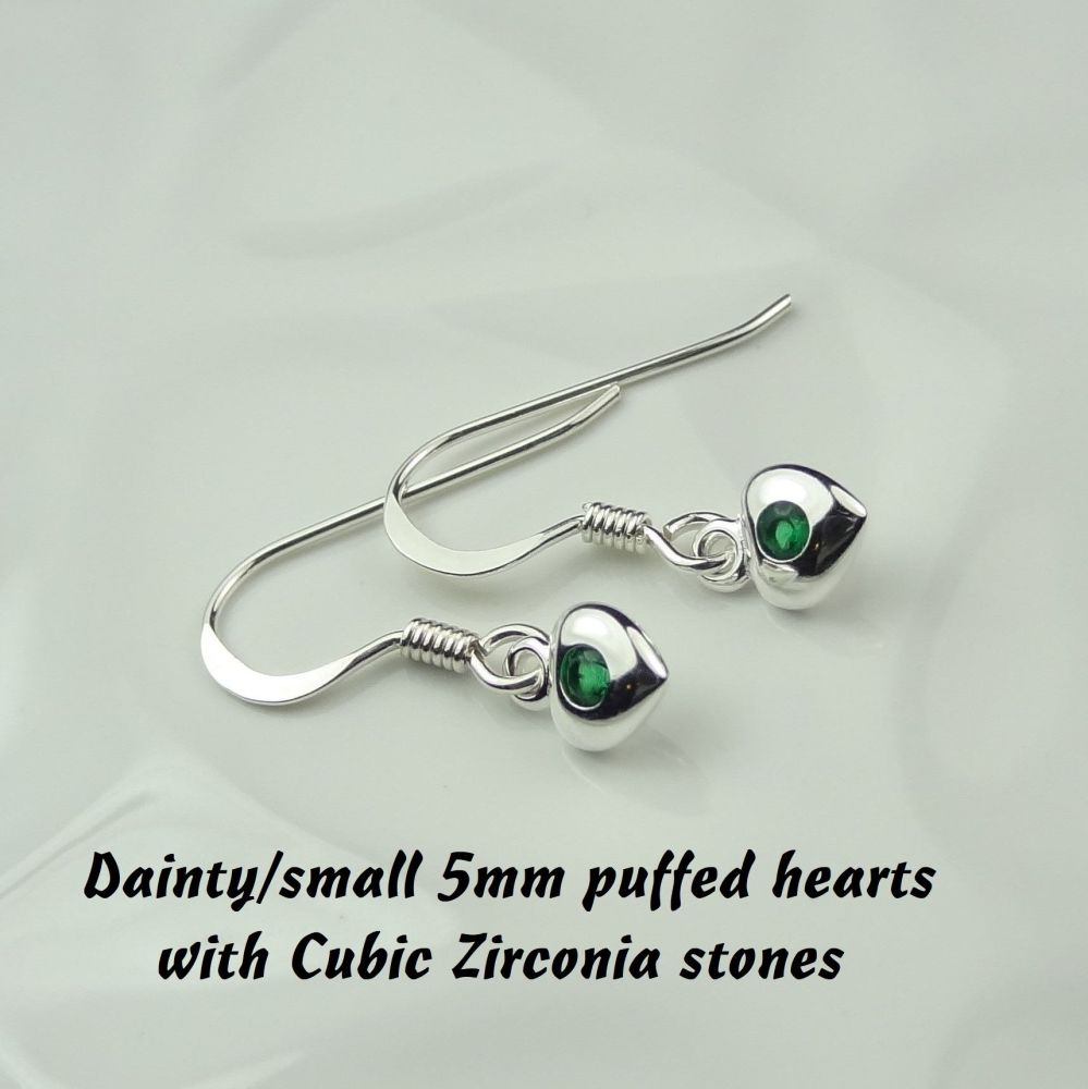 Dainty/small 5mm sterling silver puffed heart & Cubic Zirconia earrings, in a gift box - May birthday/representation Emerald birthstone