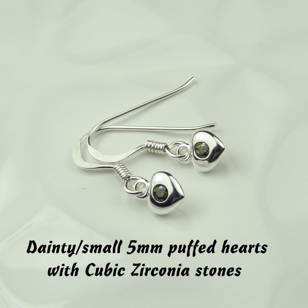 Dainty/small 5mm sterling silver puffed heart & Cubic Zirconia earrings, in a gift box - August birthday/representation Peridot birthstone