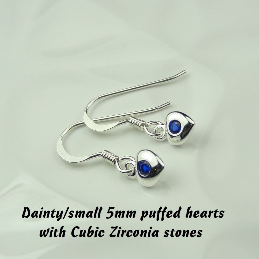 Dainty/small 5mm sterling silver puffed heart & Cubic Zirconia earrings, in a gift box - September birthday/representation Sapphire birthstone