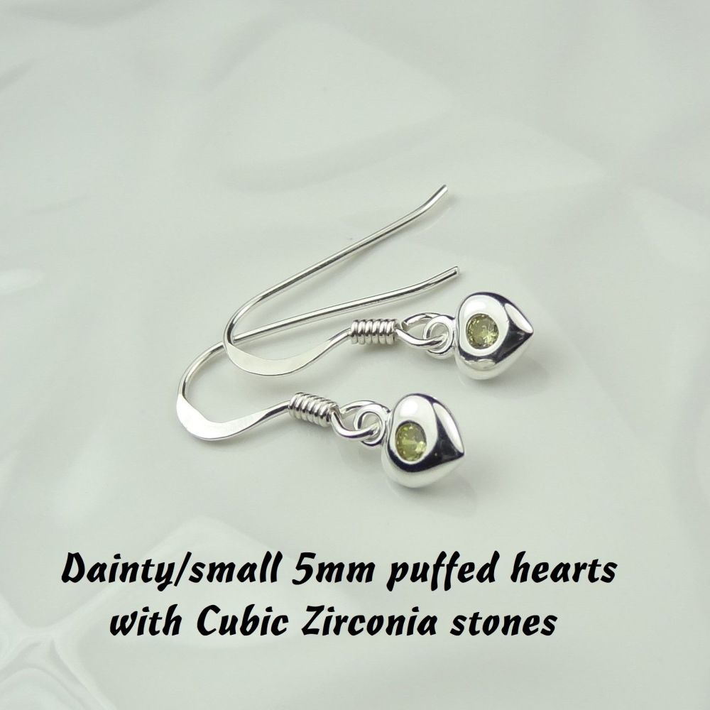 Dainty/small 5mm sterling silver puffed heart & Cubic Zirconia earrings, in a gift box - November birthday/representation Citrine birthstone