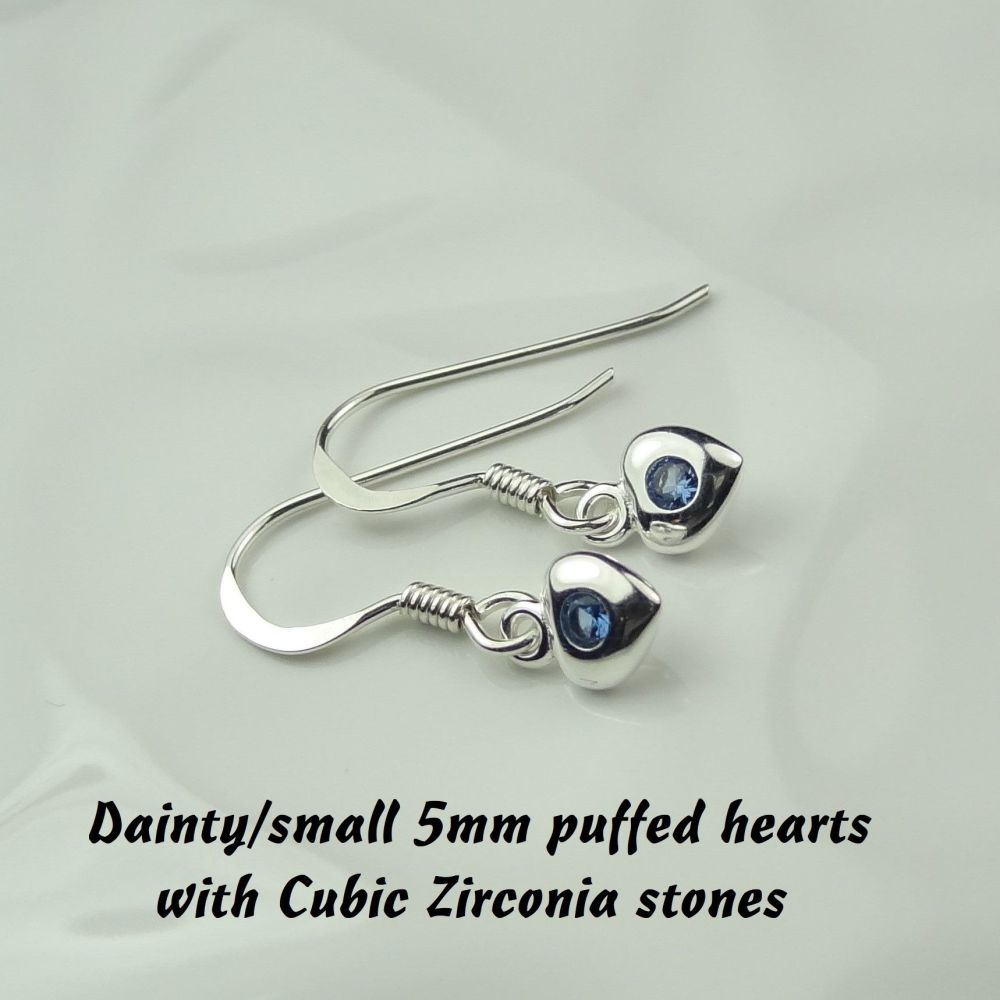 Dainty/small 5mm sterling silver puffed heart & Cubic Zirconia earrings, in a gift box - December birthday/representation Zircon birthstone