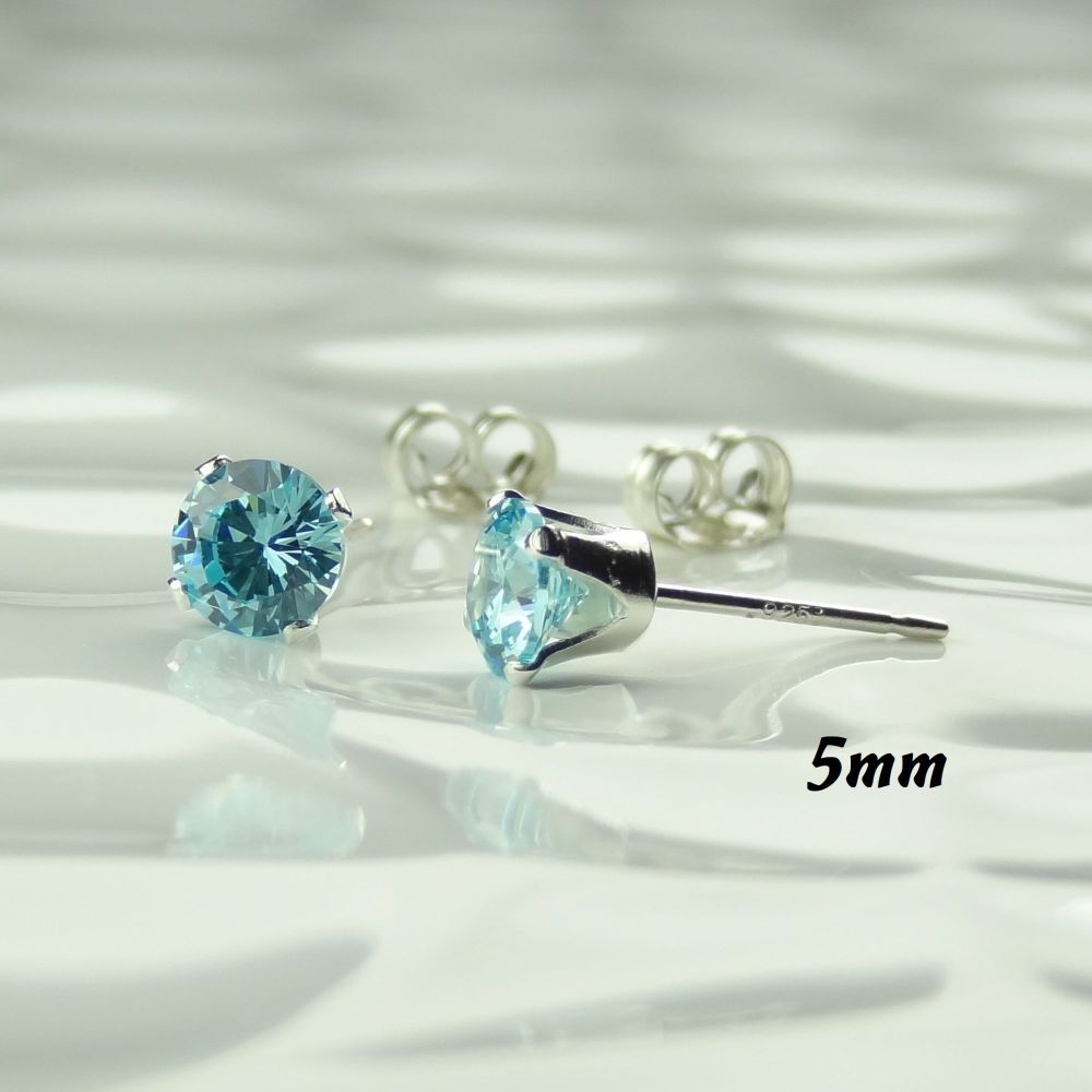 Sterling silver or 14k gold filled faceted Cubic Zirconia stud, post & butterfly earrings, in a gift box - 5mm - Light Blue - March/Aquamarine colour