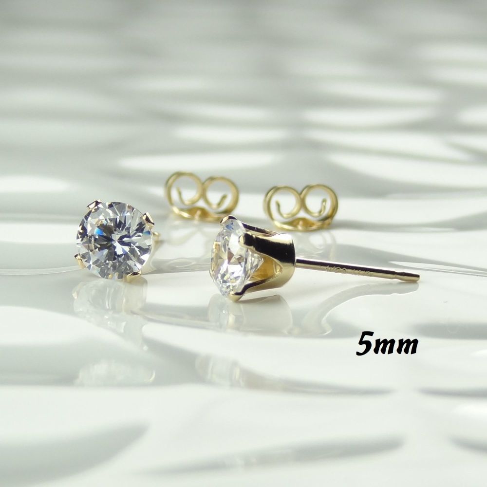 Sterling silver or 14k gold filled faceted Cubic Zirconia stud post/butterfly earrings in a gift box - 5mm Brilliant White clear, April/Diamond colour