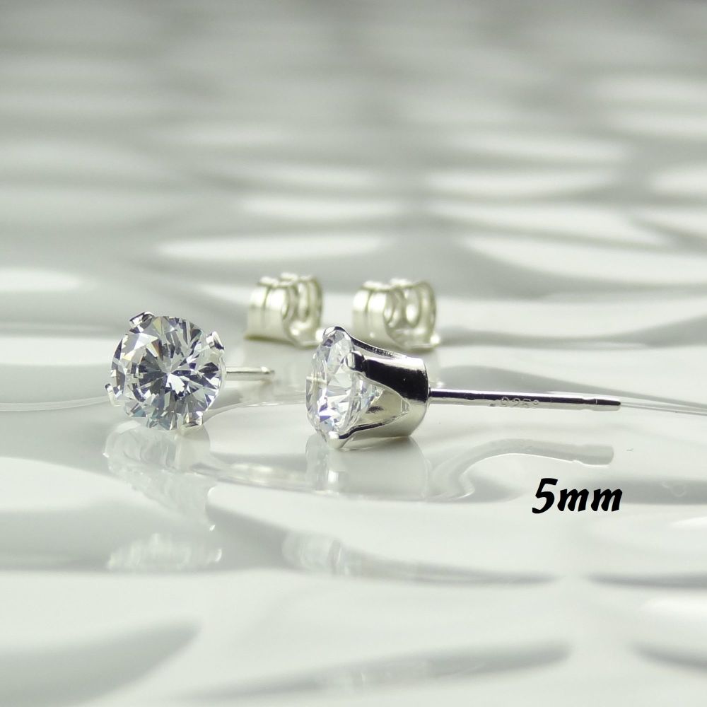 Sterling silver or 14k gold filled faceted Cubic Zirconia stud post/butterfly earrings in a gift box - 5mm Brilliant White clear, April/Diamond colour