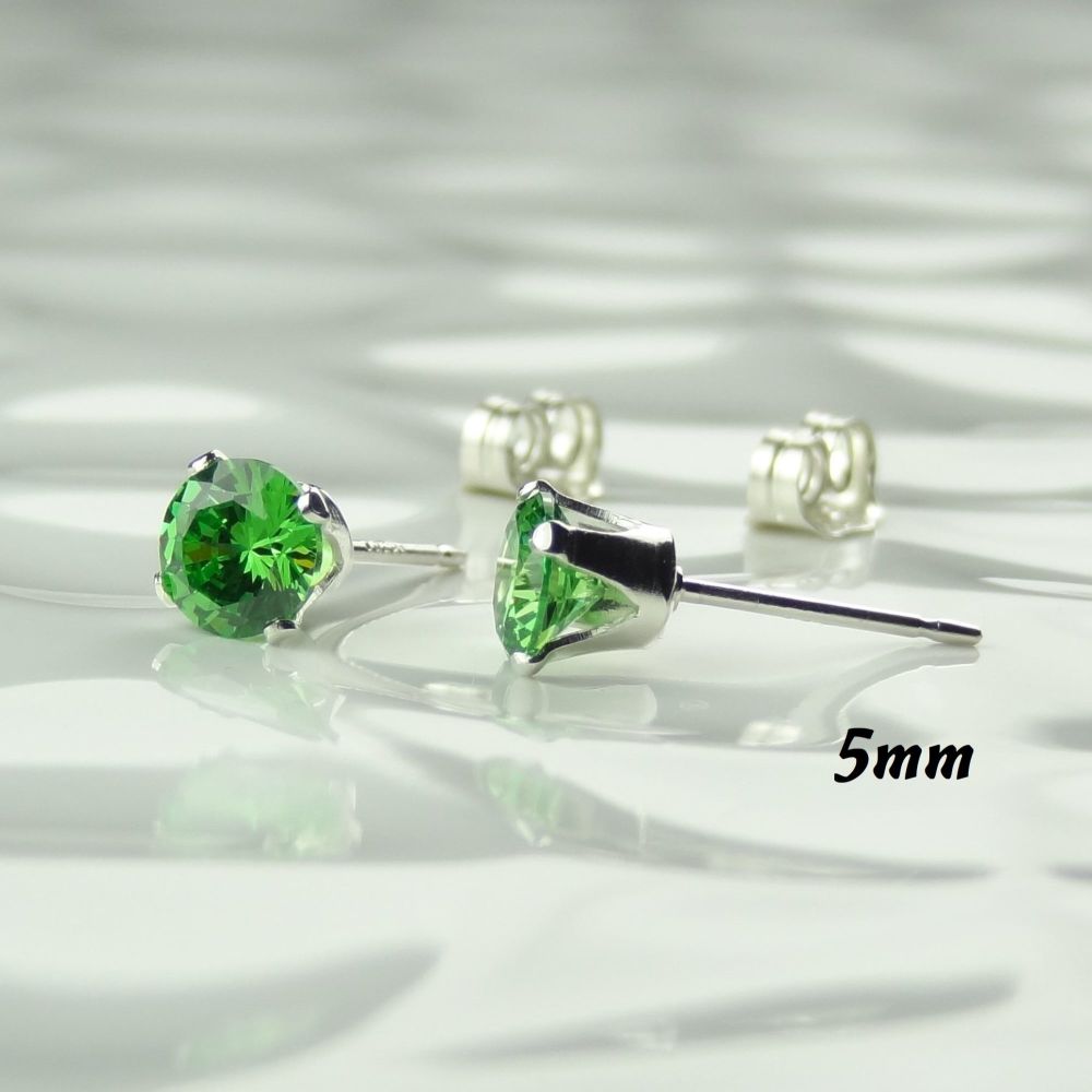 Sterling silver or 14k gold filled faceted Cubic Zirconia stud post/butterfly earrings in a gift box - 5mm green, May/Emerald colour