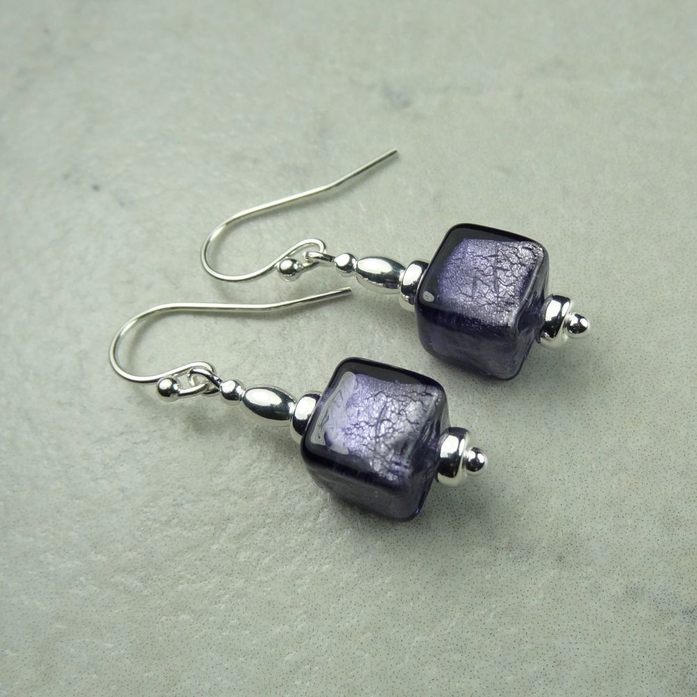 8mm (+/-) genuine Murano glass cube & sterling silver drop earrings, in a gift box - White Gold Foiled Purple Velvet