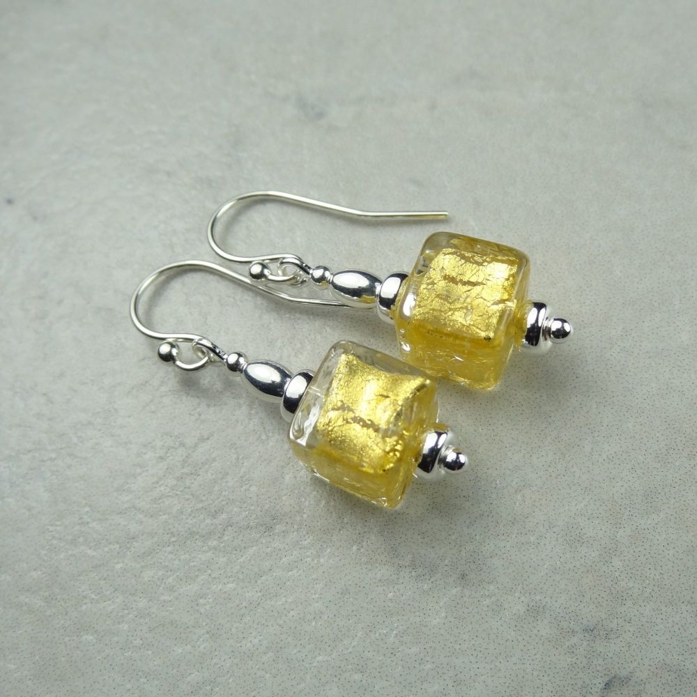8mm (+/-) genuine Murano glass cube & sterling silver drop earrings, in a gift box - Gold Foiled Clear