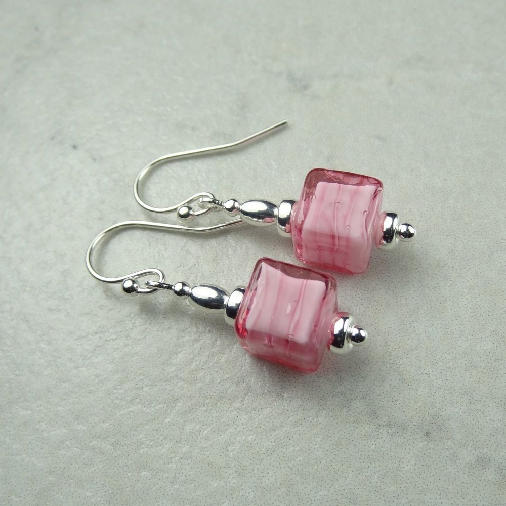 8mm (+/-) genuine Murano glass cube & sterling silver drop earrings, in a gift box - Rosa White Core Red