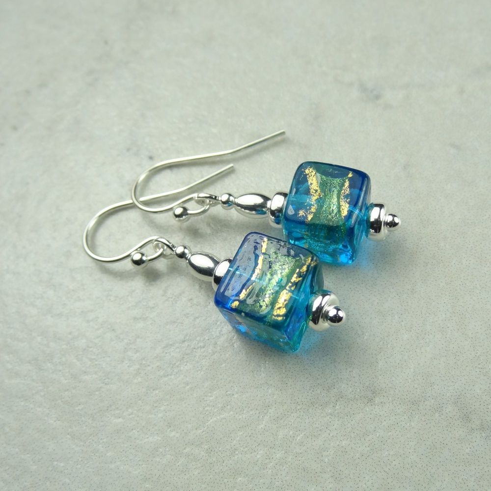 8mm (+/-) genuine Murano glass cube & sterling silver drop earrings, in a gift box - Turquoise Blue Gold Foiled