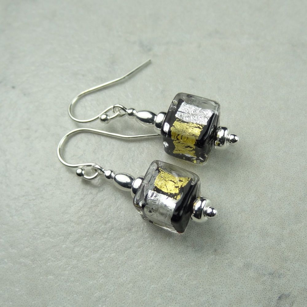 8mm (+/-) genuine Murano glass cube & sterling silver drop earrings, in a gift box - Midnight Treasure (black gold silver)