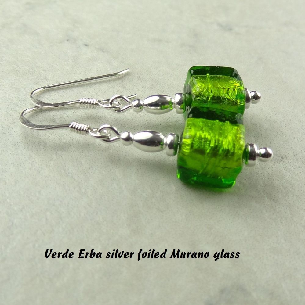 8mm (+/-) genuine Murano glass cube & sterling silver drop earrings, in a gift box - Verde Erba Silver Foiled (green)