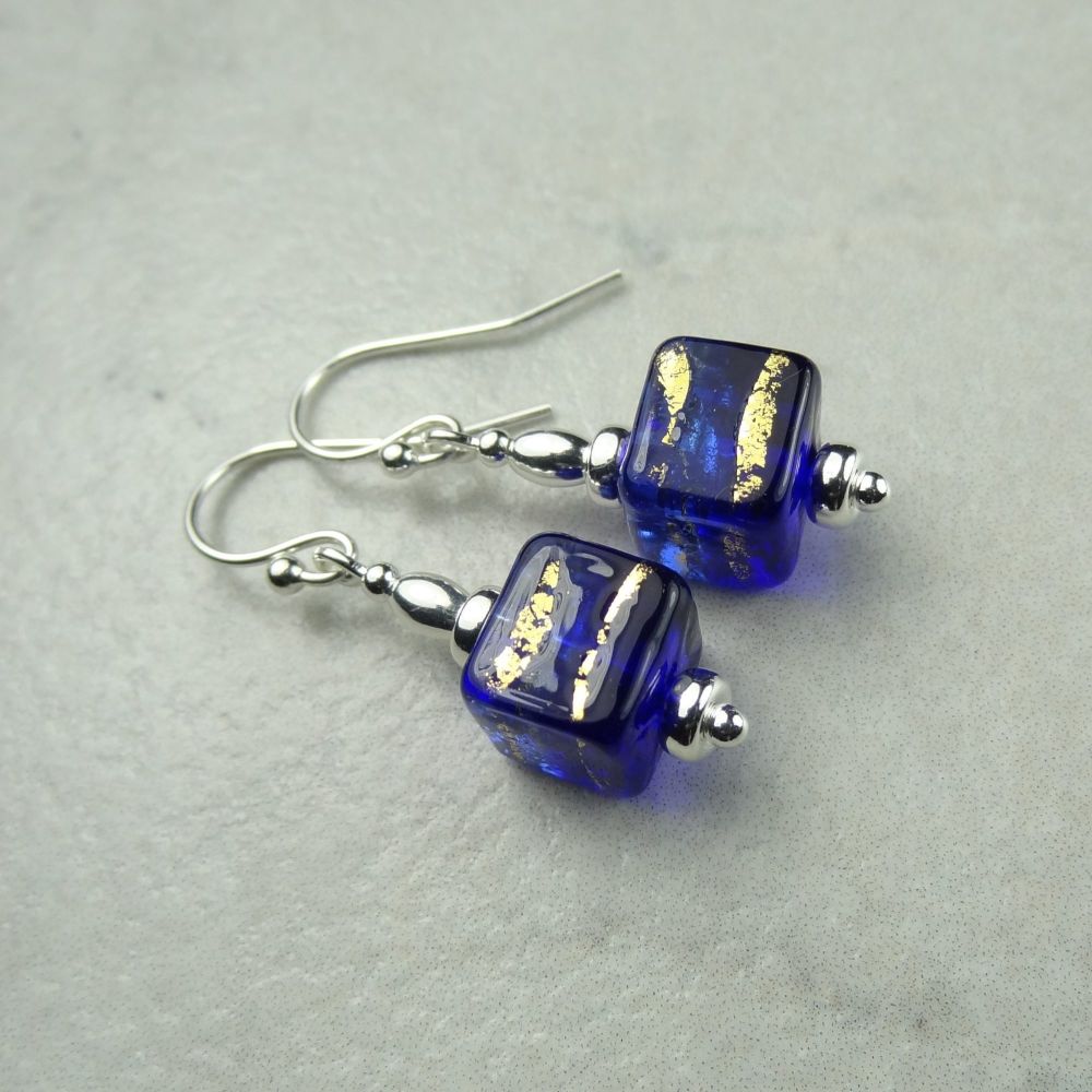 8mm (+/-) genuine Murano glass cube & sterling silver drop earrings, in a gift box - Sapphire Gold Foiled