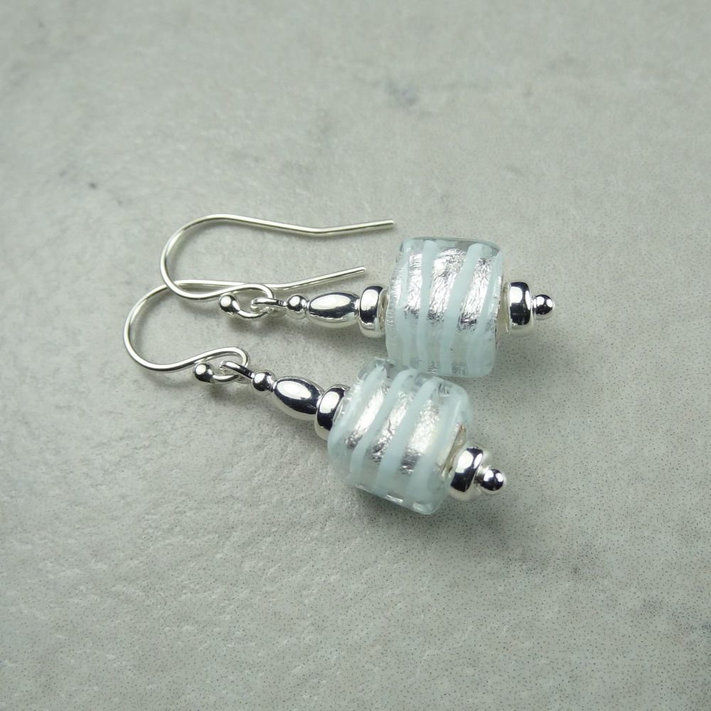 8mm (+/-) genuine Murano glass cube & sterling silver drop earrings, in a gift box - Silver Foiled Aqua Spiral