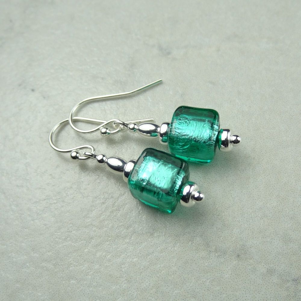 8mm (+/-) genuine Murano glass cube & sterling silver drop earrings, in a gift box - Verde Marino Silver Foiled (green)