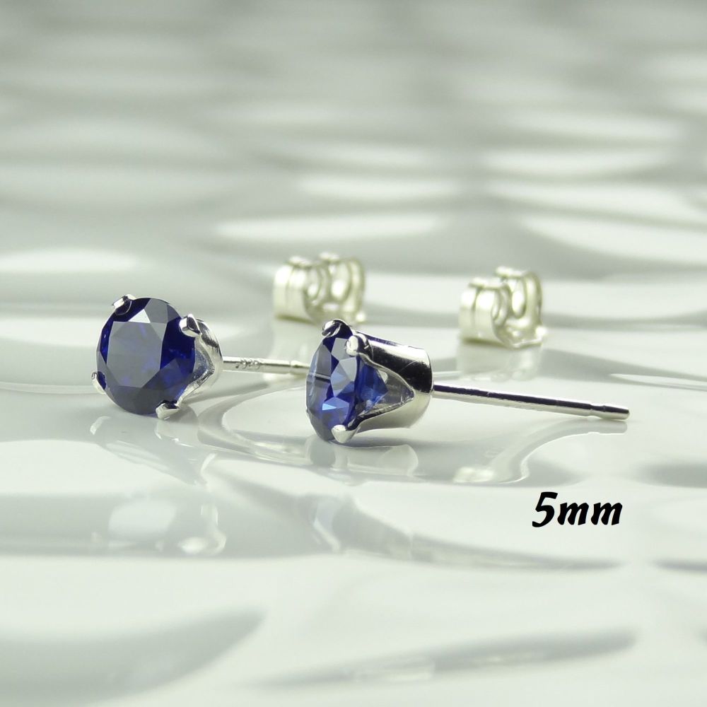 Sterling silver or 14k gold filled faceted Cubic Zirconia stud post/butterfly earrings in a gift box - 5mm Dark Blue - Sept/Sapphire colour