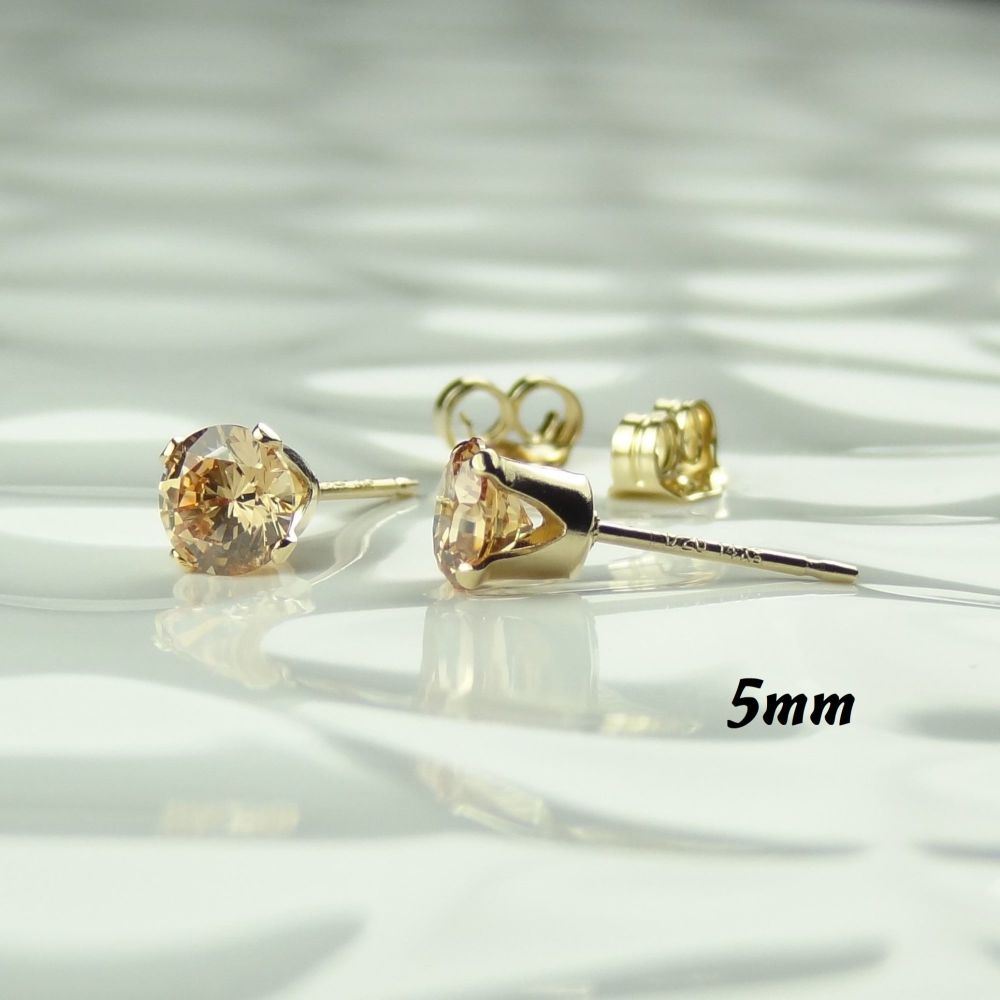 Sterling silver or 14k gold filled faceted Cubic Zirconia stud post/butterfly earrings in a gift box - 5mm Peach - November/Topaz colour