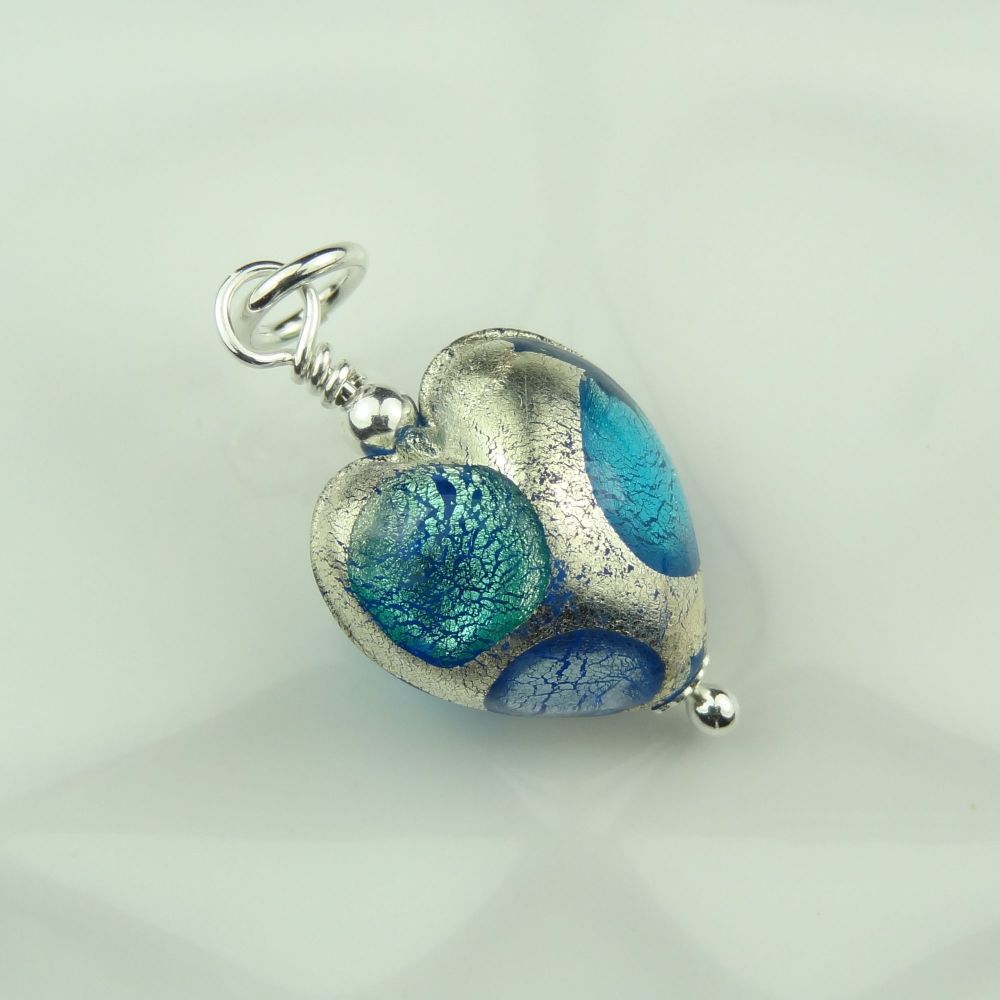 Genuine Murano glass heart & sterling silver pendant - Sapphire Aqua Verde 