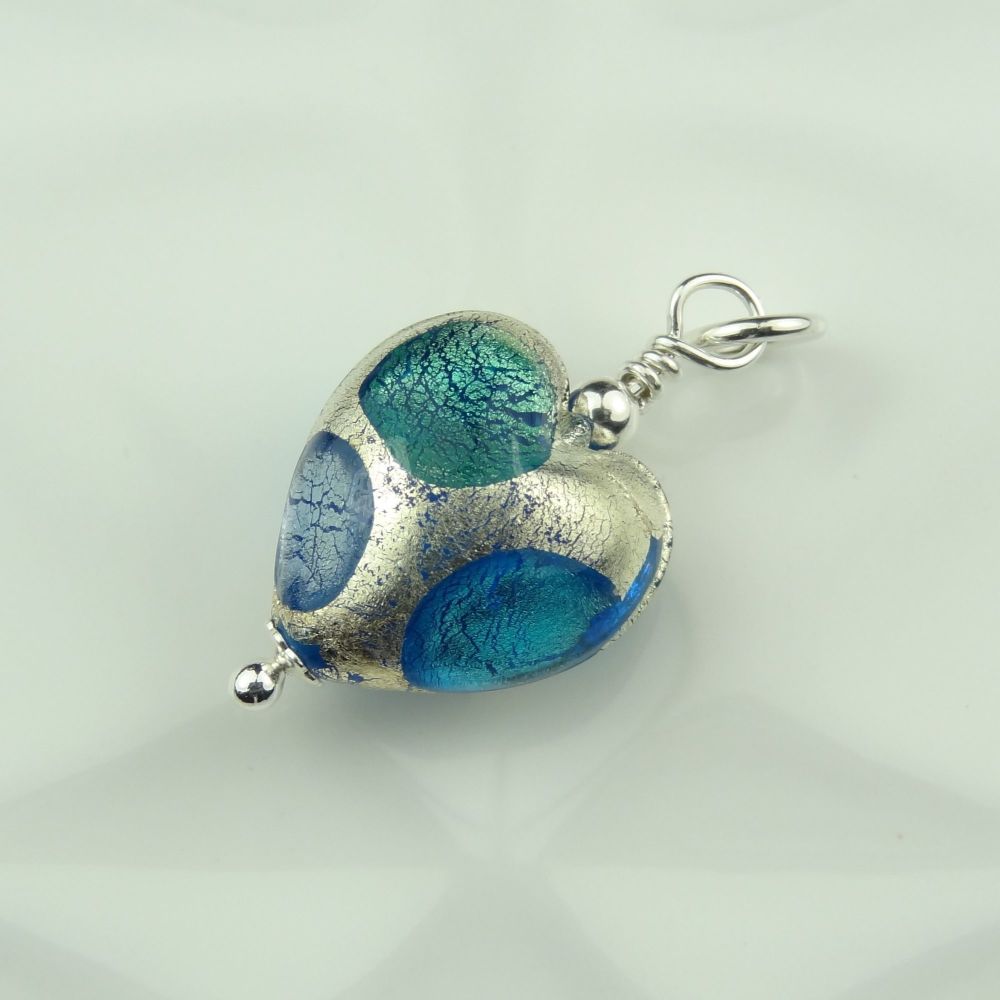 28mm x 14mm genuine Murano glass heart & sterling silver pendant with/out chain, gift box, polishing cloth - Sapphire Aqua Verde Gold Foiled