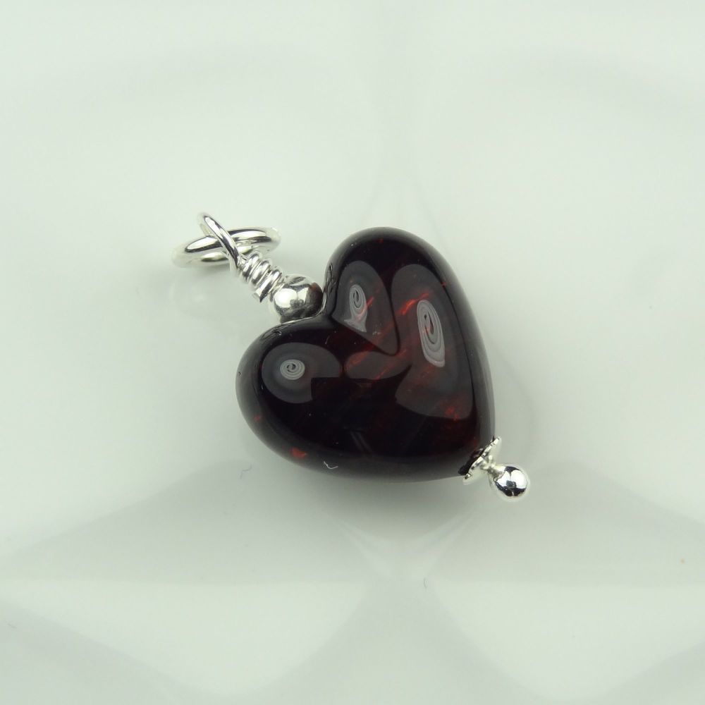 26mm x 13mm genuine Murano glass heart & sterling silver pendant with/out chain, in a gift box, polishing cloth - Darkest Ruby Silver Foiled