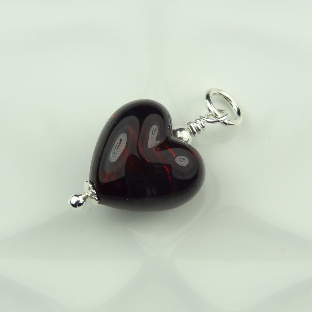 26mm x 13mm genuine Murano glass heart & sterling silver pendant with/out chain, in a gift box, polishing cloth - Darkest Ruby Silver Foiled