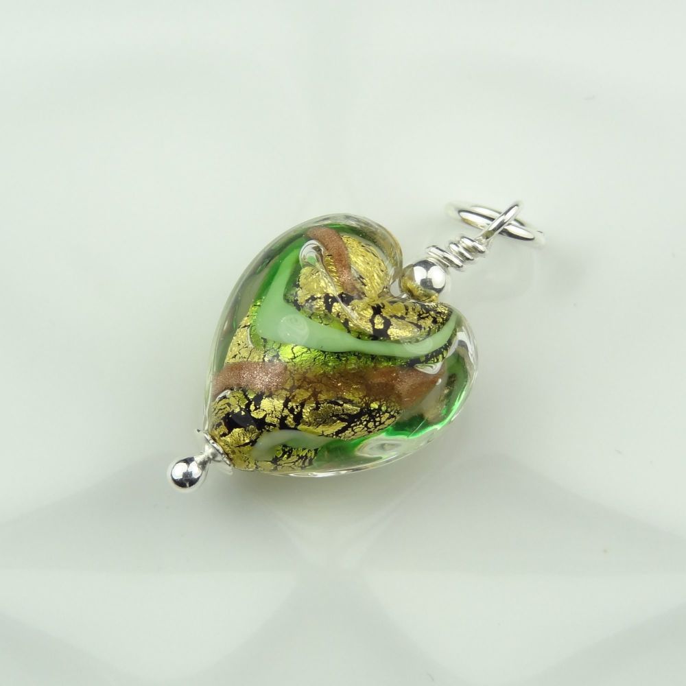 28mm x 14mm genuine Murano glass heart & sterling silver pendant with/out chain, g/box, polishing cloth - Green Gold Aventurine 24KT Gold Foil