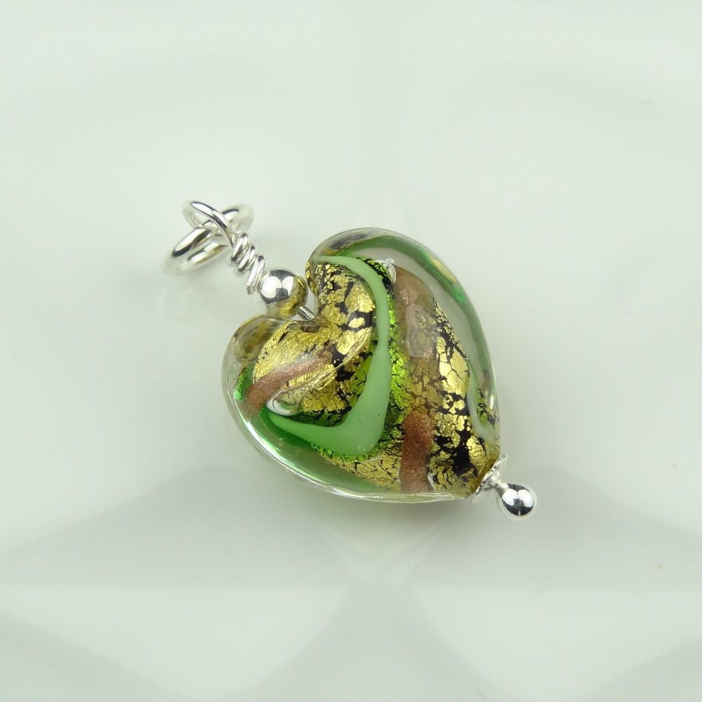 28mm x 14mm genuine Murano glass heart & sterling silver pendant with/out chain, g/box, polishing cloth - Green Gold Aventurine 24KT Gold Foil