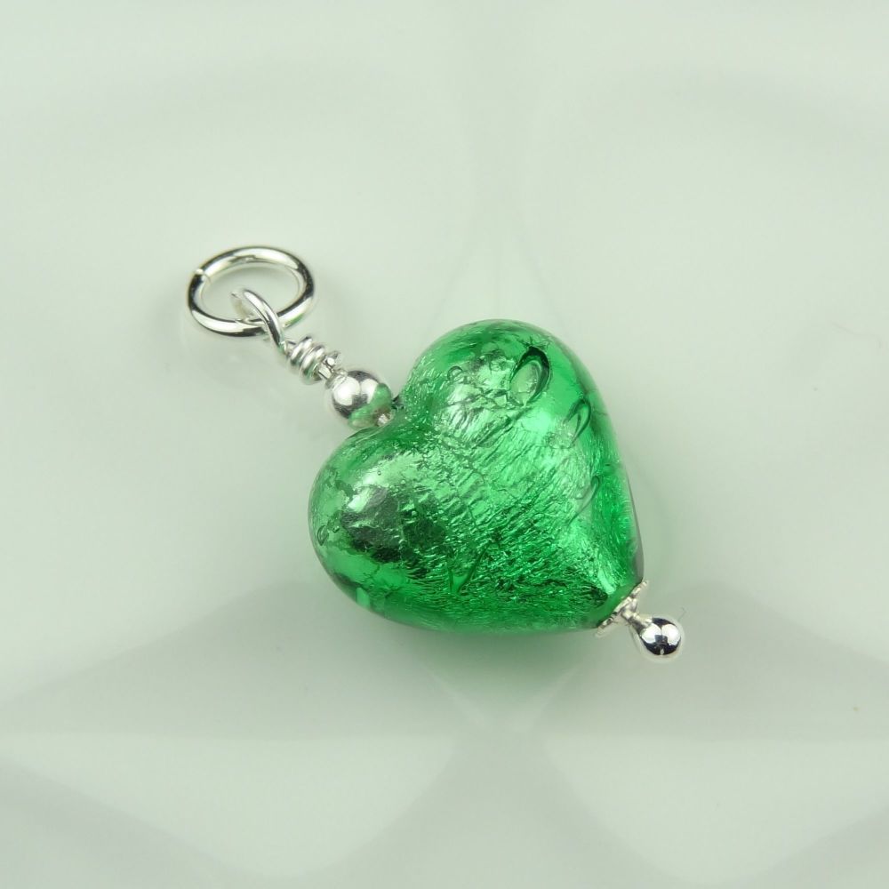 28mm x 14mm genuine Murano glass heart & sterling silver pendant with/out chain, in a gift box, polishing cloth - Emerald White Gold Foiled