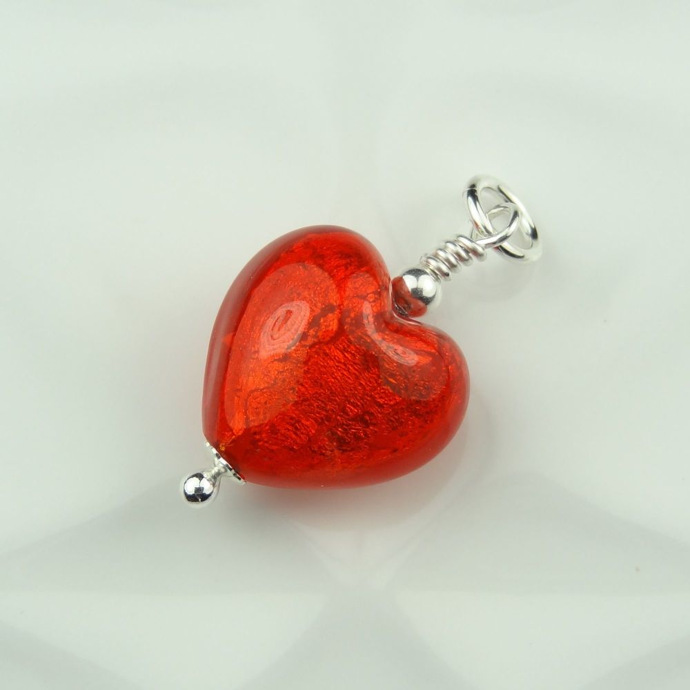 28mm x 14mm genuine Murano glass heart & sterling silver pendant with/out chain, in a gift box, polishing cloth - Arancio Gold Foiled