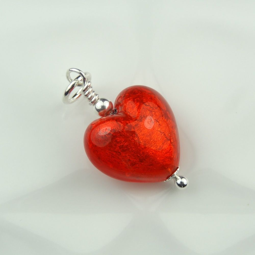 28mm x 14mm genuine Murano glass heart & sterling silver pendant with/out chain, in a gift box, polishing cloth - Arancio Gold Foiled