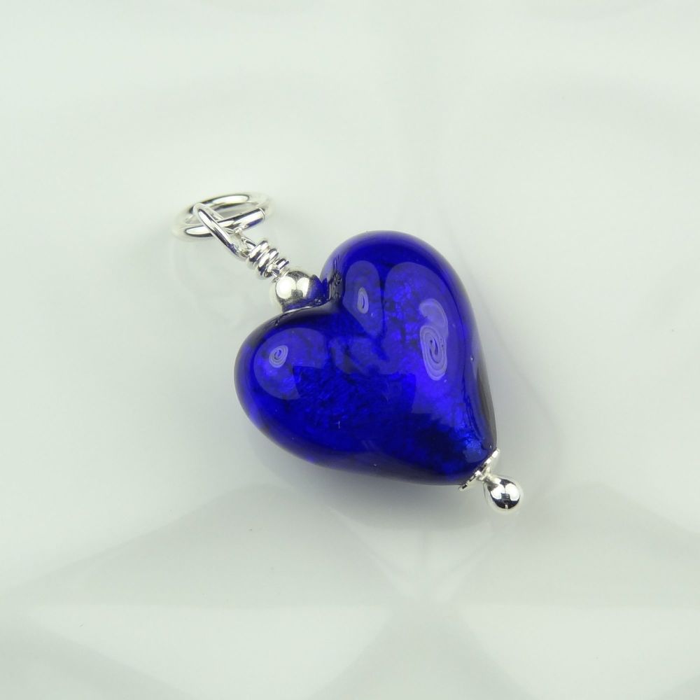 28mm x 14mm genuine Murano glass heart & sterling silver pendant with/out chain, in a gift box, polishing cloth - Cobalt White Gold Foiled