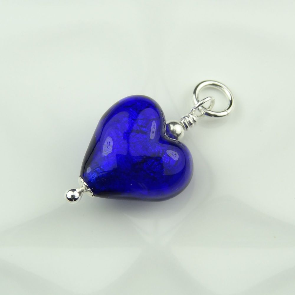 28mm x 14mm genuine Murano glass heart & sterling silver pendant with/out chain, in a gift box, polishing cloth - Cobalt White Gold Foiled