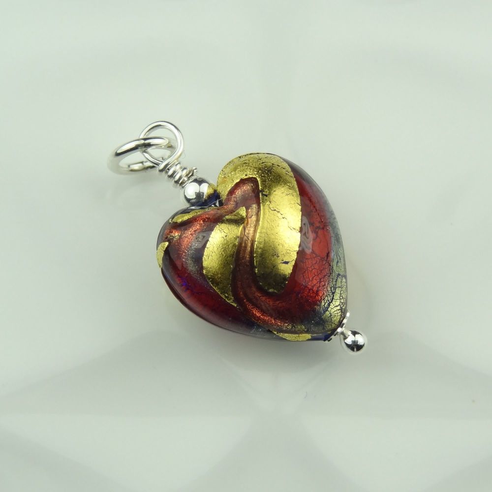 28mm x 14mm genuine Murano glass heart & sterling silver pendant with/out chain, g/box, polishing cloth - Blue Ruby 24KT Gold Foiled