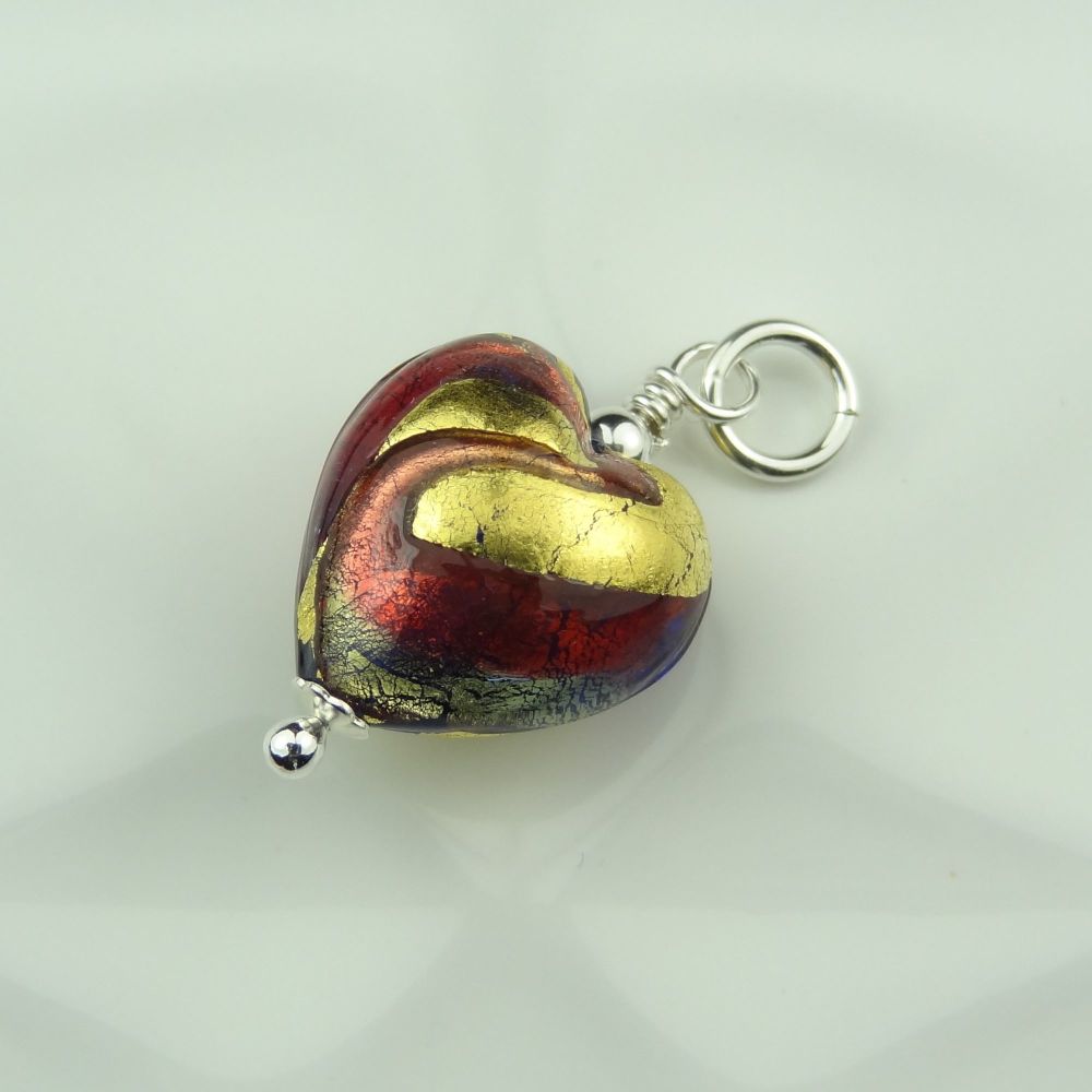 28mm x 14mm genuine Murano glass heart & sterling silver pendant with/out chain, g/box, polishing cloth - Blue Ruby 24KT Gold Foiled