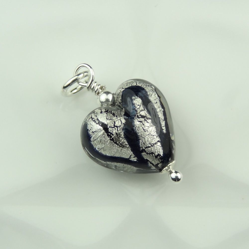 27mm x 14mm genuine Murano glass heart & sterling silver pendant with/out chain, in a gift box, with polishing cloth - Black White Gold Foiled