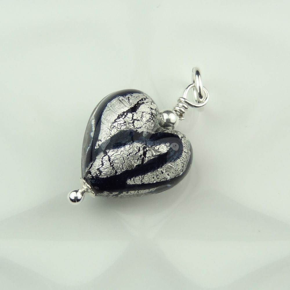 27mm x 14mm genuine Murano glass heart & sterling silver pendant with/out chain, in a gift box, with polishing cloth - Black White Gold Foiled