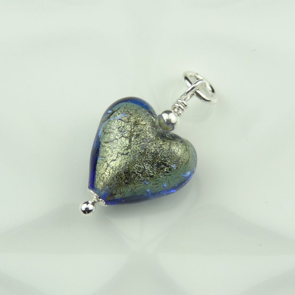 27mm x 14mm genuine Murano glass heart & sterling silver pendant with/out chain, gift box, polishing cloth - Bluino Gold Foiled